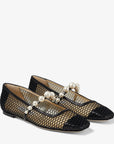 Jimmy Choo Women's Ade Flat Black Fishnet Mesh and Nappa Flats with Pearl-Embellished Strap