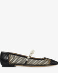 Jimmy Choo Women's Ade Flat Black Fishnet Mesh and Nappa Flats with Pearl-Embellished Strap