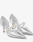 Jimmy Choo Women's Aurelie 65 Silver Liquid Metal Leather Pointed Pumps with Pearl Embellishment