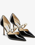 Jimmy Choo Women's Black Patent Leather Pointed Pumps with Pearl Embellishment
