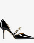 Jimmy Choo Women's Black Patent Leather Pointed Pumps with Pearl Embellishment