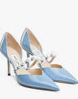 Jimmy Choo Women's Aurelie 85 Smoky Blue Patent Leather Pointed Pumps with Pearl Embellishment