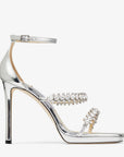 Jimmy Choo Women's Bing Sandal 105 Silver Liquid Metal Sandals with Crystal Straps