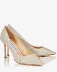Jimmy Choo Women's Romy 85 Platinum Ice Dusty Glitter Pointy Toe Pumps