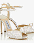 Jimmy Choo Women's Sacora 100 White Satin Sandals with All Over Pearls