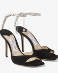 Jimmy Choo Women's Saeda Sandal 100 Black Suede Sandals with Crystal Embellishment