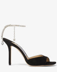 Jimmy Choo Women's Saeda Sandal 100 Black Suede Sandals with Crystal Embellishment