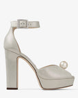 Jimmy Choo Women's Socorie 120 Champagne Shimmer Suede Platform Sandals with Pearl Detailing