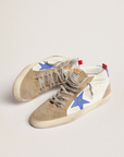 Golden Goose Men’s Mid Star sneakers in white leather with blue leather star and dove-gray suede inserts