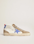 Golden Goose Men’s Mid Star sneakers in white leather with blue leather star and dove-gray suede inserts