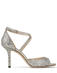 Jimmy Choo Women's EMSY 85 Champagne Coarse Glitter Fabric Sandals with Crossover Straps