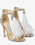 Jimmy Choo Women's Viola 110 White Suede Sandals with Hotfix Crystals and Ostrich Feather Tassel