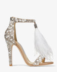 Jimmy Choo Women's Viola 110 White Suede Sandals with Hotfix Crystals and Ostrich Feather Tassel