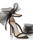 Jimmy Choo Women's AVELINE 100 Black Sandals with Asymmetric Grosgrain Mesh Fascinator Bows