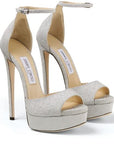 Jimmy Choo Women's 150 Metallic Silver Glitter Fabric Platform Stiletto Sandals