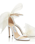 Jimmy Choo Women's AVELINE 100 Latte Sandals with Asymmetric Grosgrain Mesh Fascinator Bows