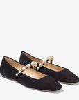 Jimmy Choo Women's Ade Flat Black Suede Flats with Pearl Embellishment