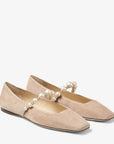 Jimmy Choo Women's Ade Flat Ballet Pink Suede Flats with Pearl Embellishment