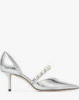 Jimmy Choo Women's Aurelie 65 Silver Liquid Metal Leather Pointed Pumps with Pearl Embellishment