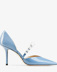 Jimmy Choo Women's Aurelie 85 Smoky Blue Patent Leather Pointed Pumps with Pearl Embellishment