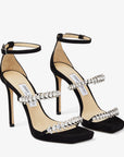 Jimmy Choo Women's Bing Sandal 105 Black Suede Sandals with Crystal Straps