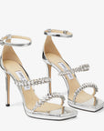 Jimmy Choo Women's Bing Sandal 105 Silver Liquid Metal Sandals with Crystal Straps