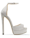 Jimmy Choo Women's 150 Metallic Silver Glitter Fabric Platform Stiletto Sandals