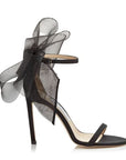 Jimmy Choo Women's AVELINE 100 Black Sandals with Asymmetric Grosgrain Mesh Fascinator Bows