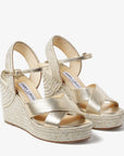 Jimmy Choo Champagne Nappa Leather Wedge Sandals with Metallic Rope Thread