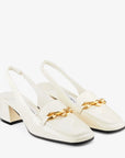 Jimmy Choo Women's Diamond Tilda Sling Back 45 Latte Soft Patent Leather Sling Back Pumps with Chain Embellishment