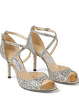 Jimmy Choo Women's EMSY 85 Champagne Coarse Glitter Fabric Sandals with Crossover Straps