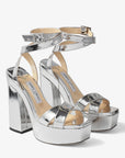 Jimmy Choo Women's Gaia 140 Silver Liquid Metal Leather Platform Sandals