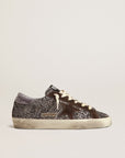 Golden Goose Women’s Super-Star in glitter with a brown star and lilac heel tab
