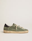 Golden Goose Women's Super-Star sneakers in military-green suede with perforated star and dark blue leather heel tab