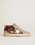 Golden Goose Women's Mid Star sneakers in burgundy glitter with dove-gray inserts and white star