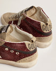Golden Goose Women's Mid Star sneakers in burgundy glitter with dove-gray inserts and white star