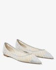 Jimmy Choo Women's Love Flat Metallic Silver Glitter Fabric Flats with Ivory Tulle Overlay