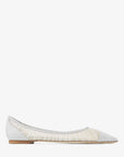Jimmy Choo Women's Love Flat Metallic Silver Glitter Fabric Flats with Ivory Tulle Overlay