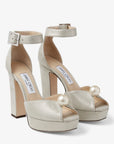 Jimmy Choo Women's Socorie 120 Champagne Shimmer Suede Platform Sandals with Pearl Detailing